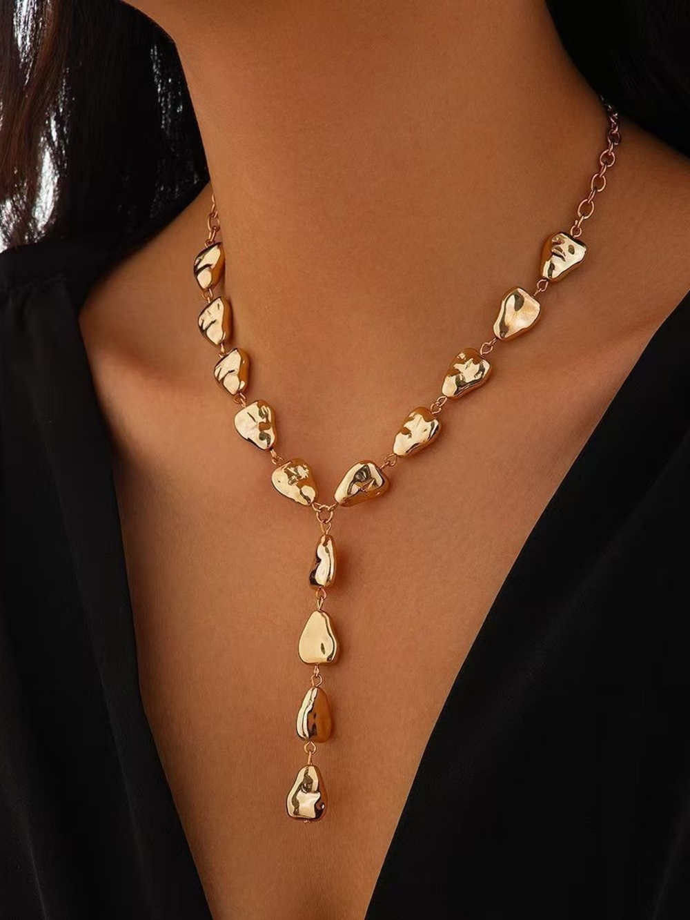 New Gold Tone Organic Irregular Beaded Y‑Necklace Textured Lariat Statement Neck